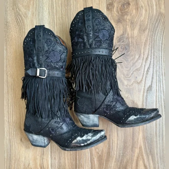 Dan Post Bed Of Roses Leather Boots DP4047-BLACK-FRINGE Size 6.5 LNC - Picture 8 of 11